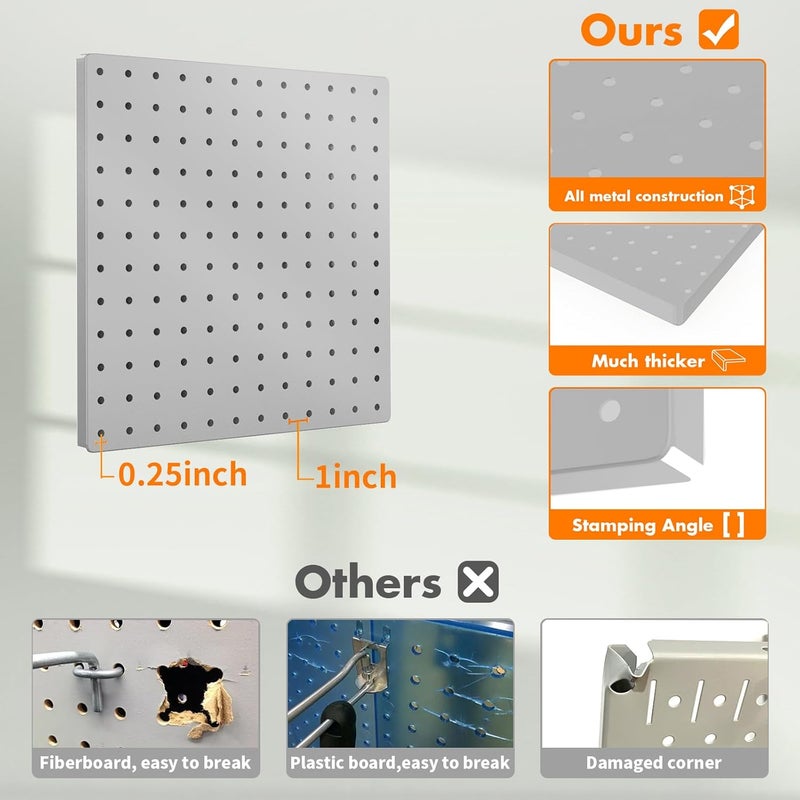 FZK Peg Board, 6PCS Metal Pegboard, Heavy Duty Pegboard Wall Organizer with Frame. Pegboard for Walls, Garage, Workbench, Craft Room Tool Organization, Metal Pegboard Panels 12in*12in,Grey - Image 3